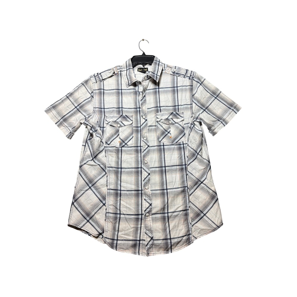 Helix Plaid Snap Button Shirt Mens Medium White Grey Excellent Epaulets 0996‎
